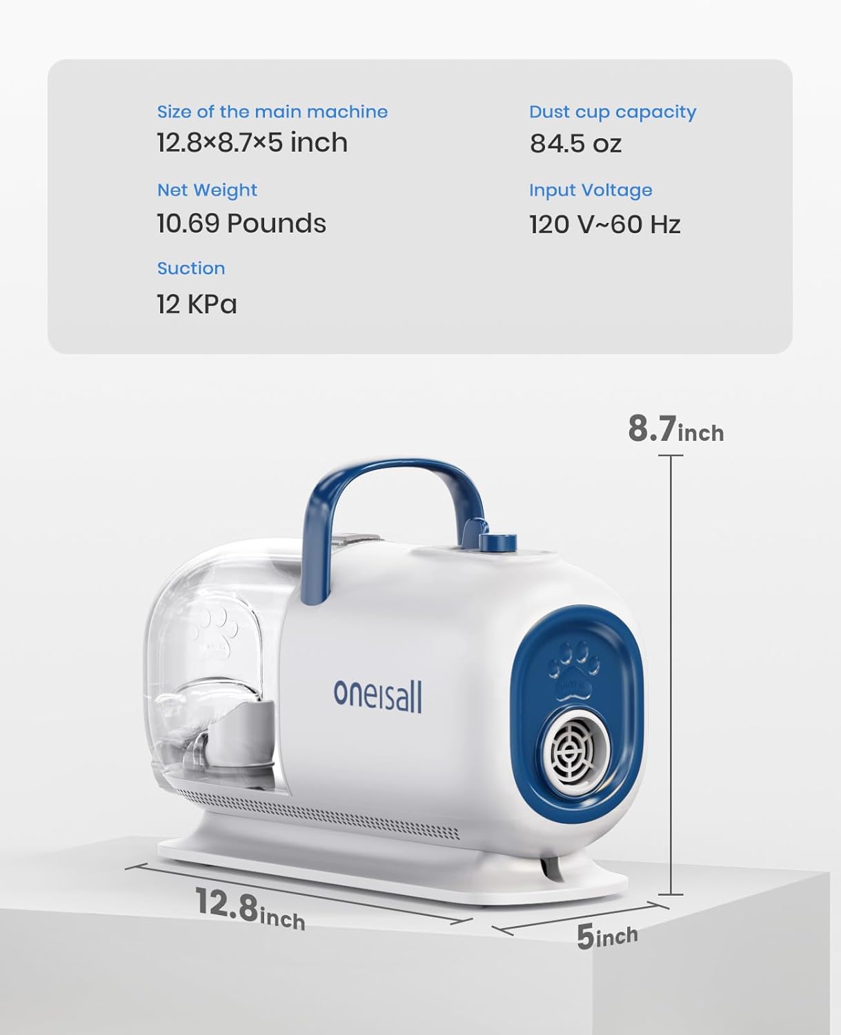 oneisall Dog Vacuum & Dryer for Shedding Grooming, 8 in 1 Dog Grooming Kit with Metal Blades Pet Clippers, Adjustable Speed and Temperature Control Dog Blower