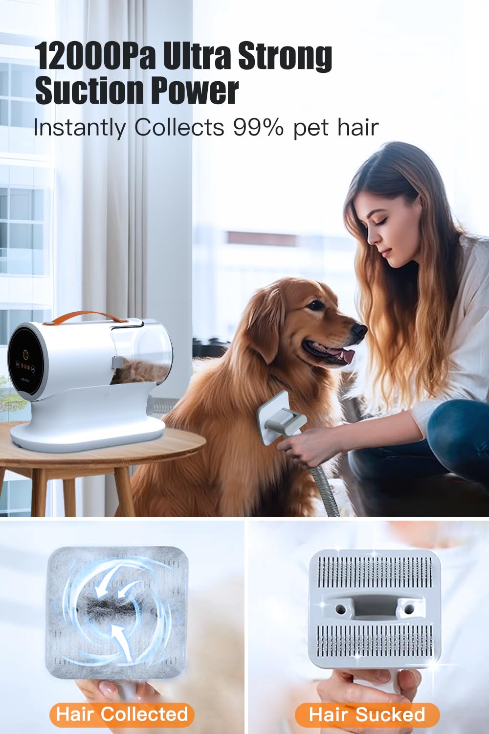 Dog Vacuum for Shedding Grooming, 12000pa Suction Dog Hair Vacuum, Pet Vacuum Grooming Kit with 2l Dust Cup, Low Noise, 3 Levels, 5 Grooming Tools