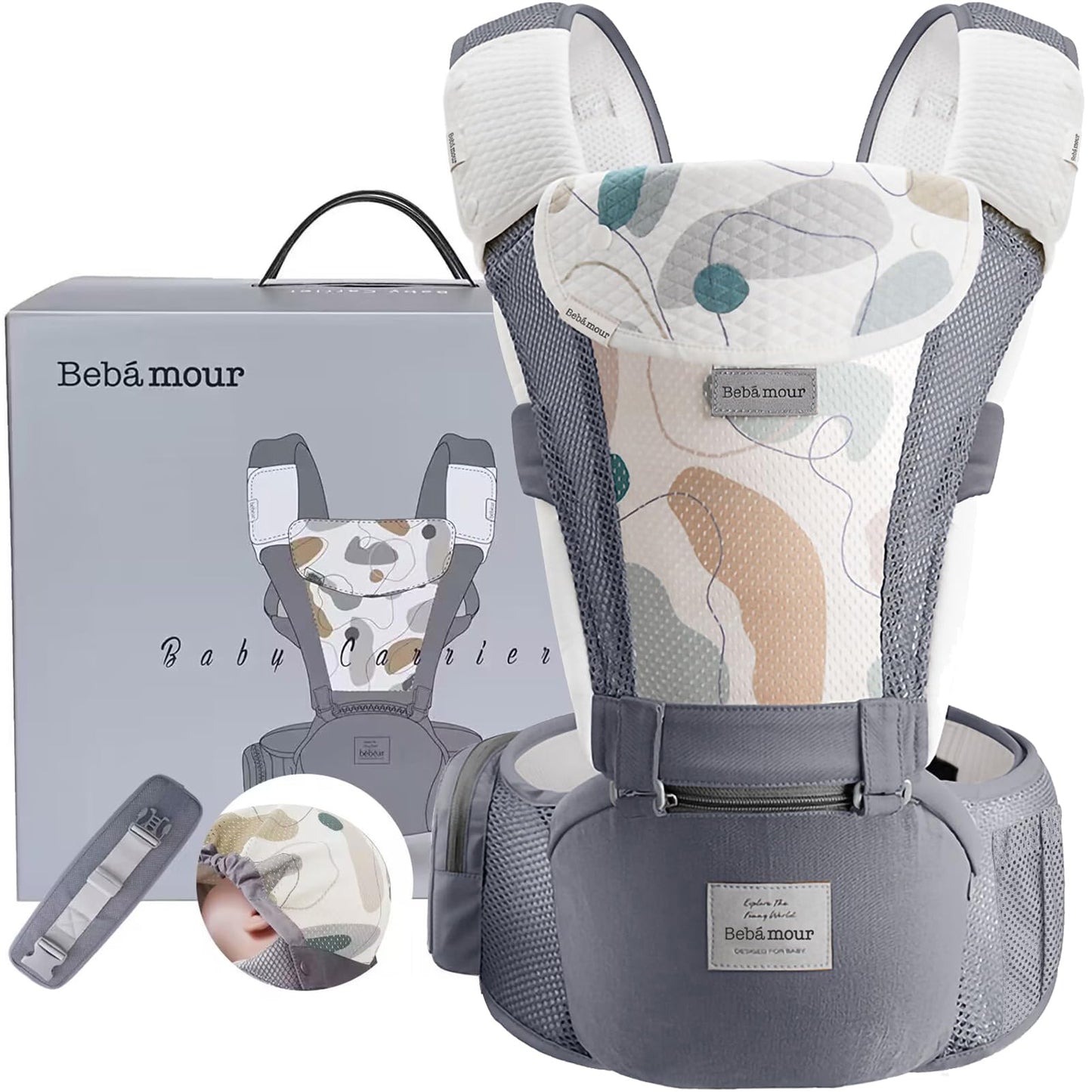 Baby Carrier Newborn to Toddler-2 in 1 Hip Seat & Carrier Front and Back Carry with Head Hood & 3 Pieces