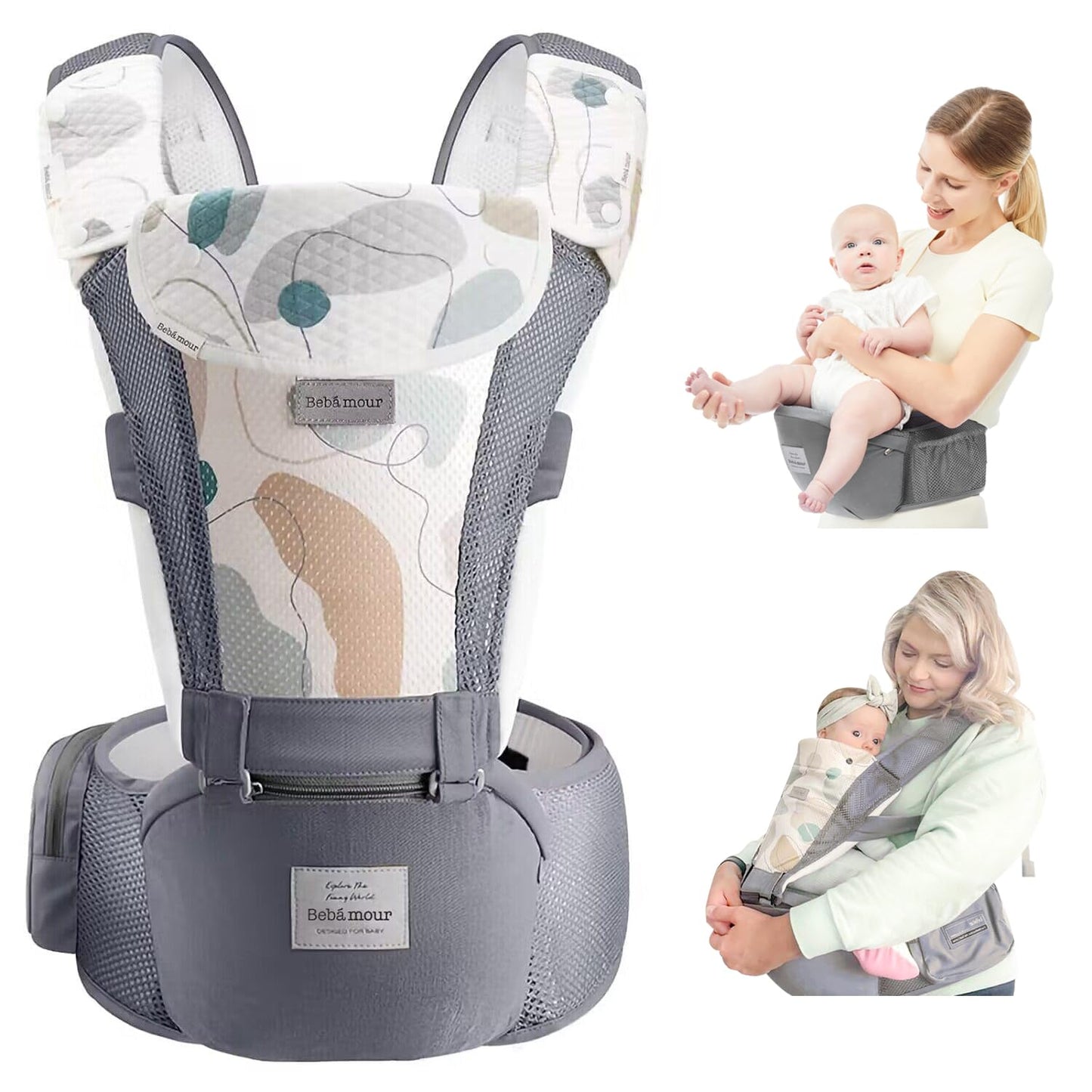 Baby Carrier Newborn to Toddler-2 in 1 Hip Seat & Carrier Front and Back Carry with Head Hood & 3 Pieces