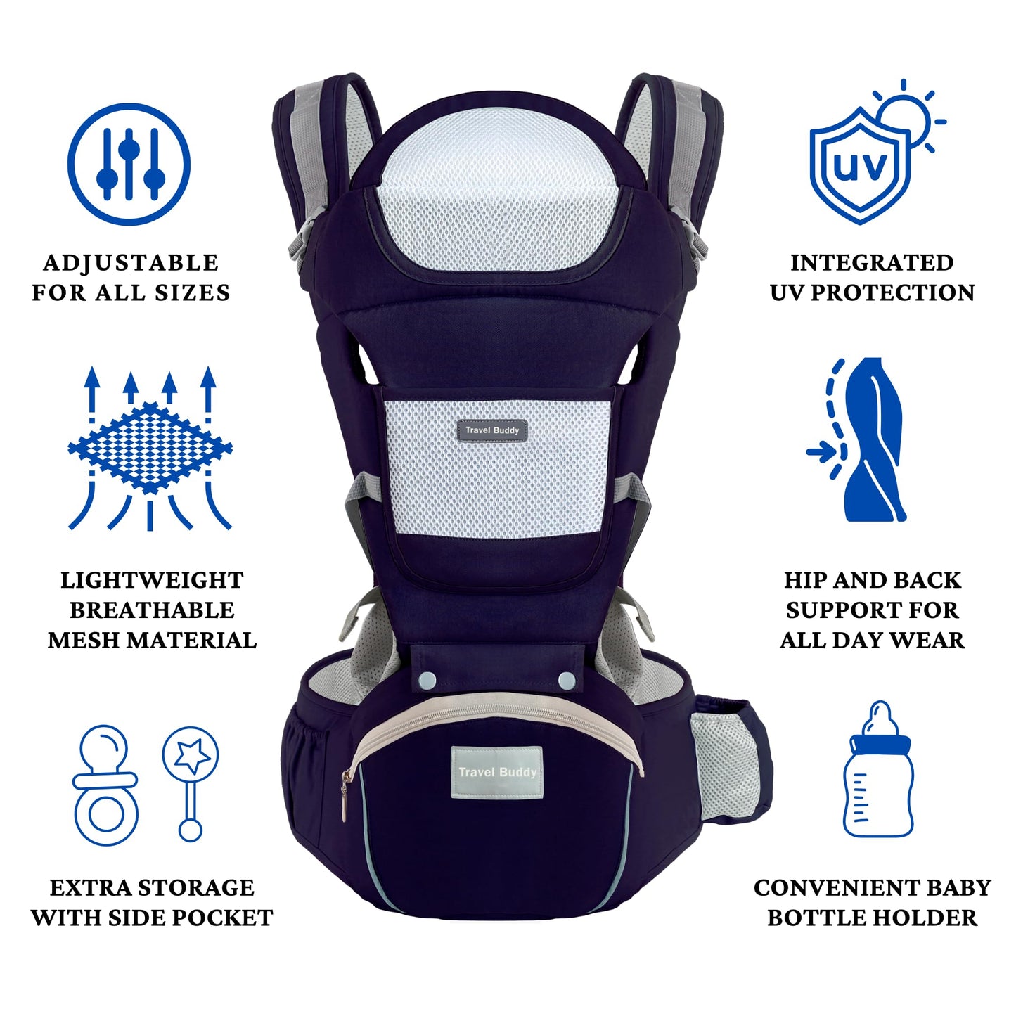 Travel Buddy Baby Carrier | 4-in-1 with Hip Seat and Sling | Adjustable Size for Dad & Mom