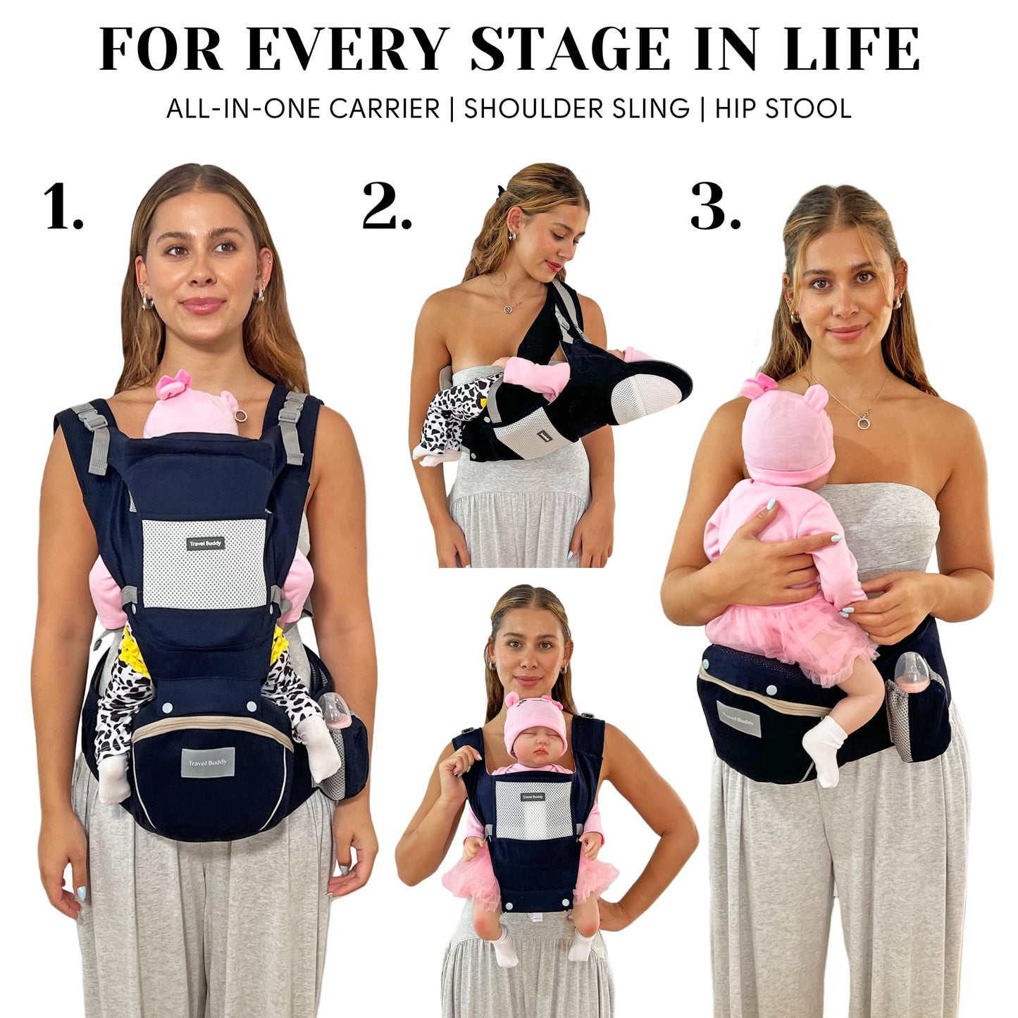 Travel Buddy Baby Carrier | 4-in-1 with Hip Seat and Sling | Adjustable Size for Dad & Mom