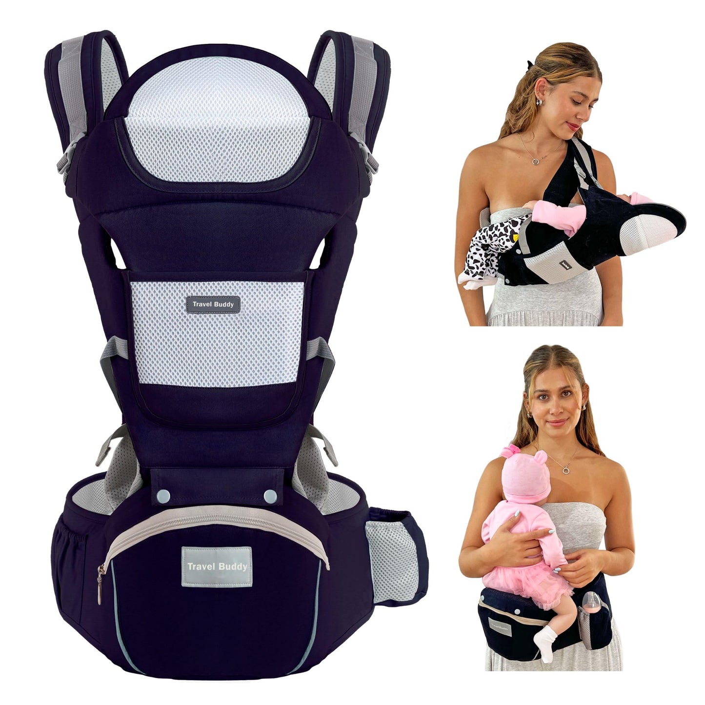 Travel Buddy Baby Carrier | 4-in-1 with Hip Seat and Sling | Adjustable Size for Dad & Mom