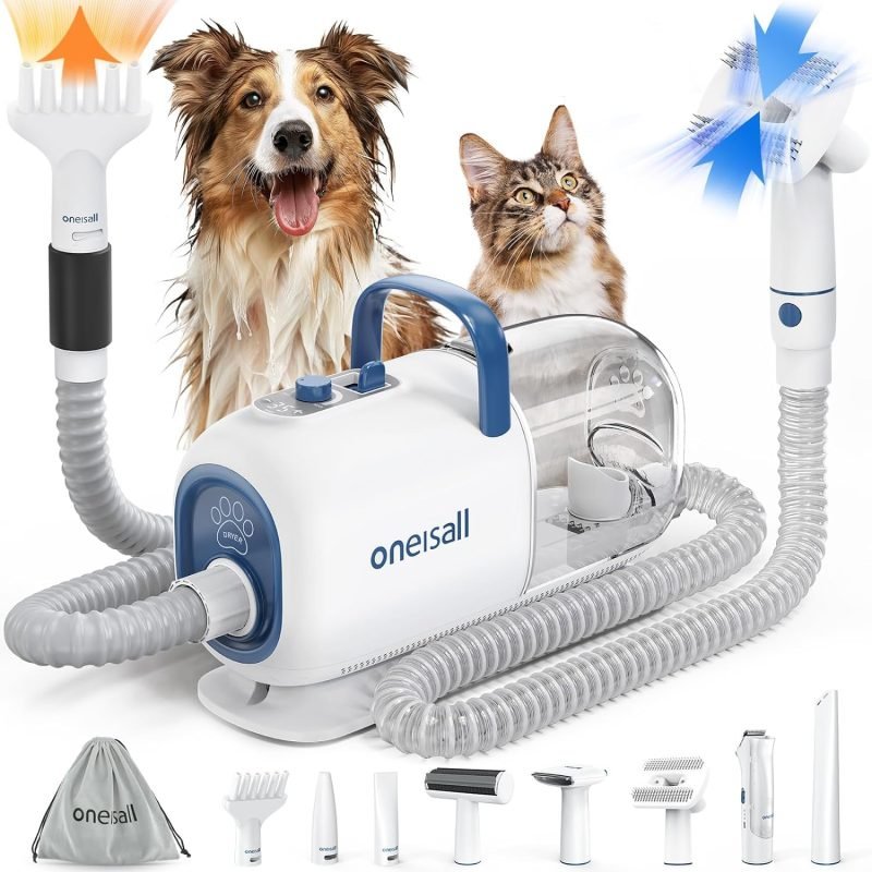 Dog Vacuum & Dryer for Shedding Grooming, 8 in 1 Dog Grooming Kit with Metal Blades Pet Clippers